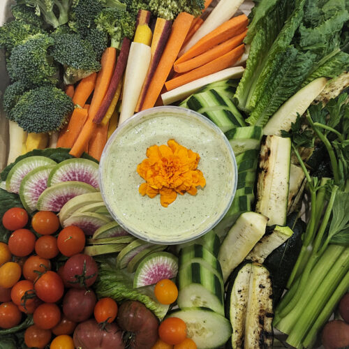 Farm Fresh Crudite Board with Green Goddess Dip and Smoked Garlic Hummus