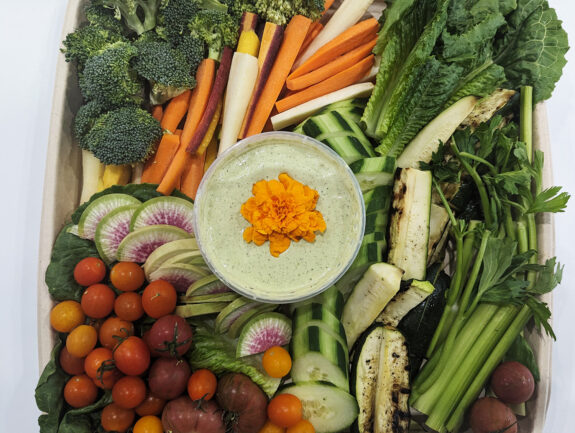 Farm Fresh Crudite Board with Green Goddess Dip and Smoked Garlic Hummus
