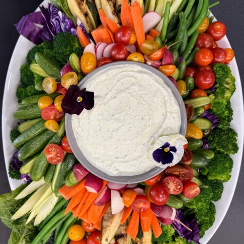 Farm Fresh Crudite Board with Green Goddess Dip and Smoked Garlic Hummus